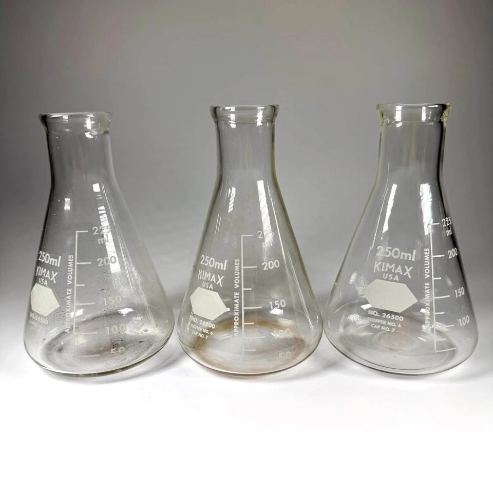 3x Vintage Kinmax 250ml Erlenmeyer Flasks