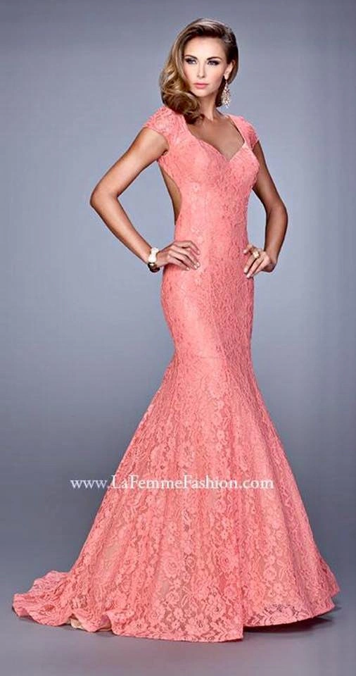 La Femme Coral Pink Lace Mermaid Prom Dress