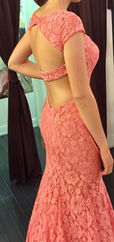 La Femme Coral Pink Lace Mermaid Prom Dress - photo 2