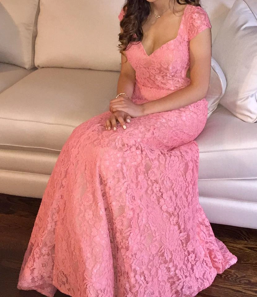 La Femme Coral Pink Lace Mermaid Prom Dress - photo 3