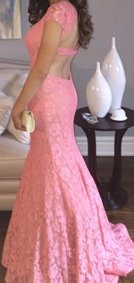 La Femme Coral Pink Lace Mermaid Prom Dress - photo 4