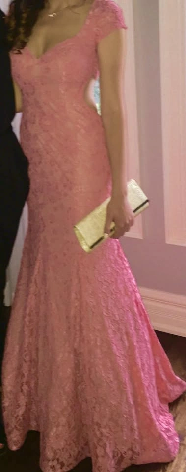 La Femme Coral Pink Lace Mermaid Prom Dress - photo 5
