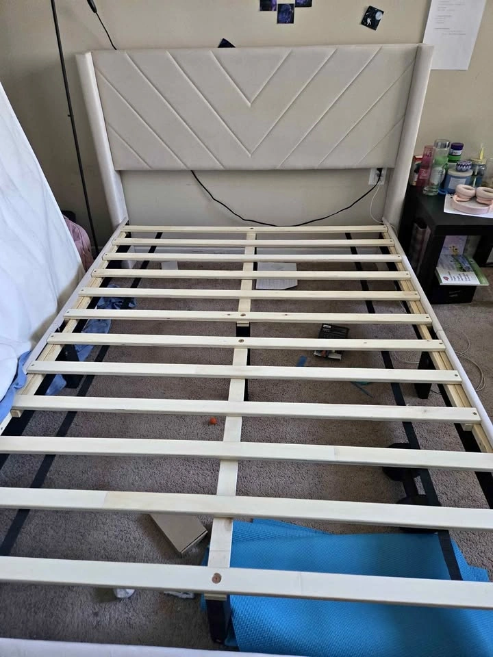 Yaheetech Full Bed Frame w/ Tufted Headboard, Beige + Mattress