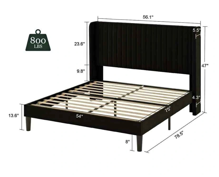Amolife Full Size Velvet Bed with Wingback Headboard - Black