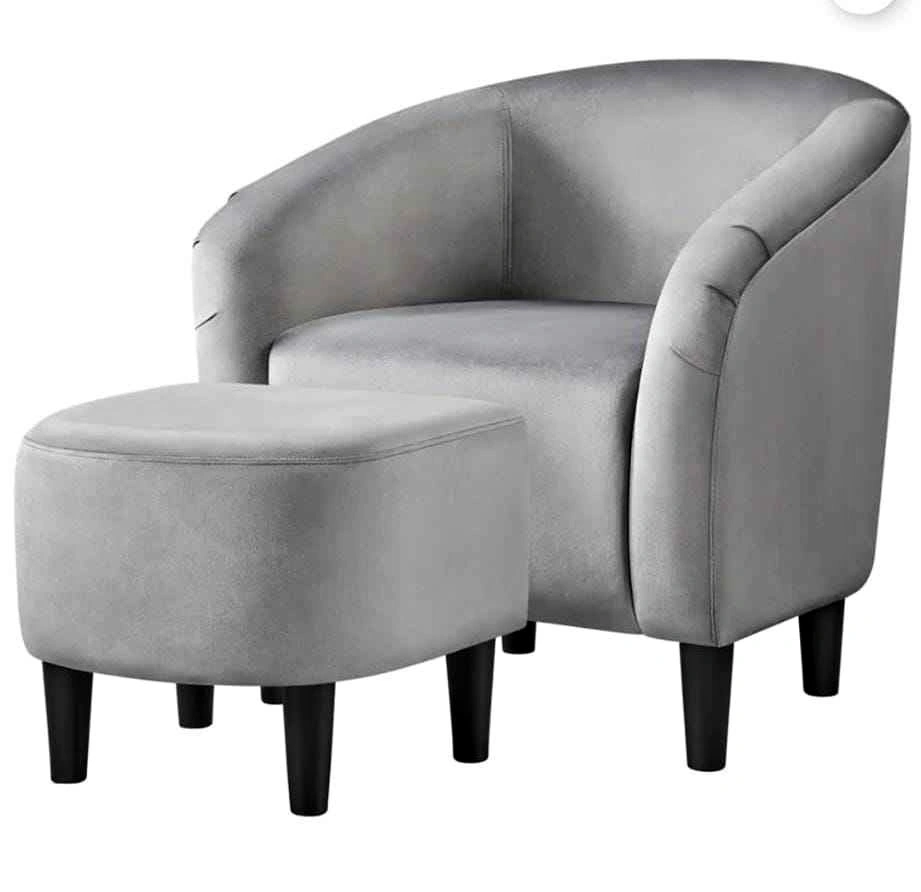 Grey Velvet Barrel Chair with Ottoman