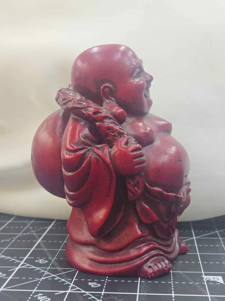 Vintage Red Resin Laughing Buddha Figurine 4" Tall - photo 2