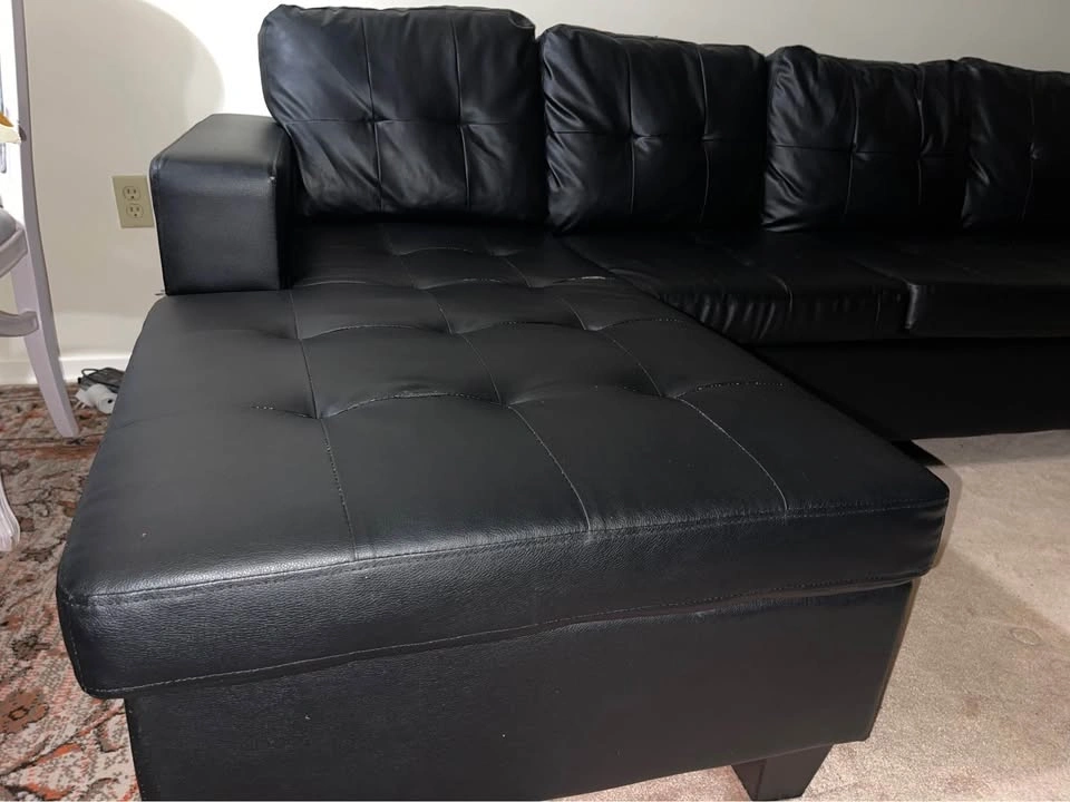 Black Faux Leather Sectional Sofa with Chaise - Easy to Move! - photo 3