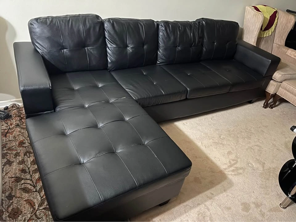 Black Faux Leather Sectional Sofa with Chaise - Easy to Move! - photo 4