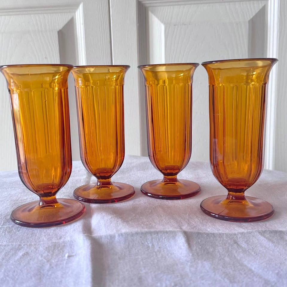 Set of 4 Art Deco Pressed Amber Glass Water Glasses