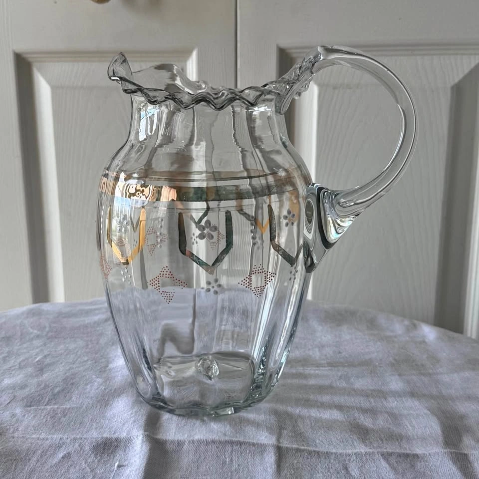 Victorian Hand Blown Hand Painted Enamel Glass Pitcher