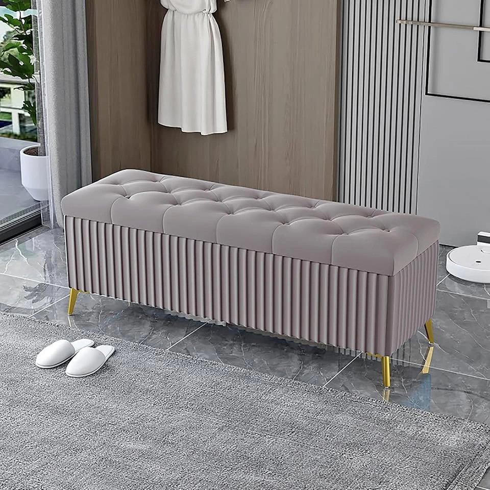 Tufted Velvet Storage Ottoman Bench - Grey