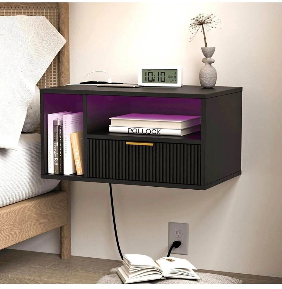 2x JOONEE Floating Nightstands w/ LED & Charging – 1 w/ Drawer,