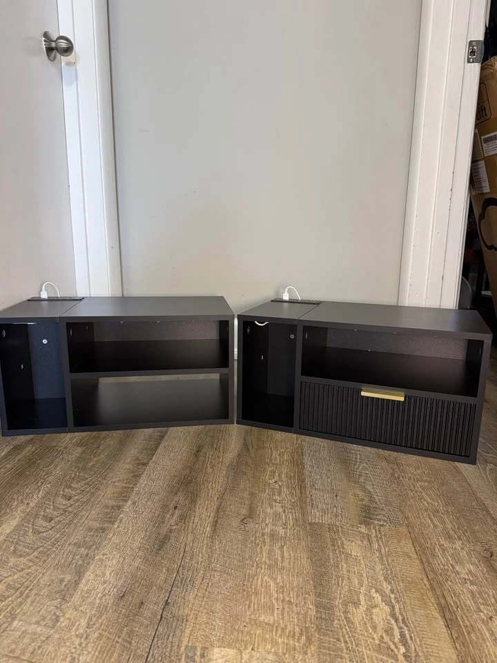 2x JOONEE Floating Nightstands w/ LED & Charging – 1 w/ Drawer, - photo 2