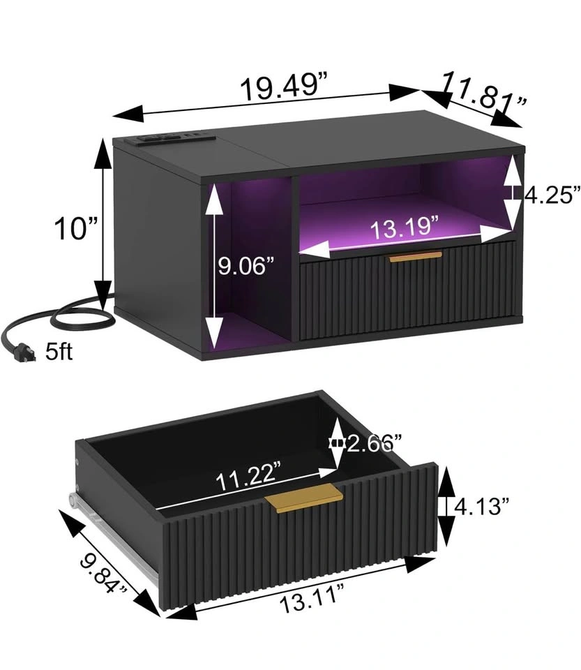 2x JOONEE Floating Nightstands w/ LED & Charging – 1 w/ Drawer, - photo 3