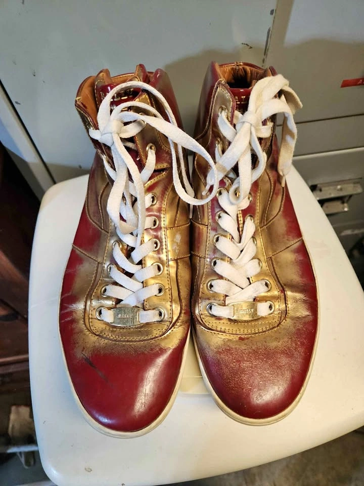 Bally Mens Eroy Red / Gold Patten Leather High Tops Sneakers