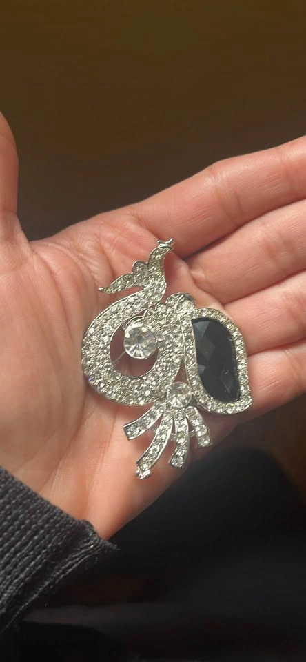 Elegant Navy and White Crystal Peacock Brooch