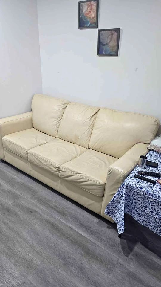Cream Leather 3-Seater Sofa