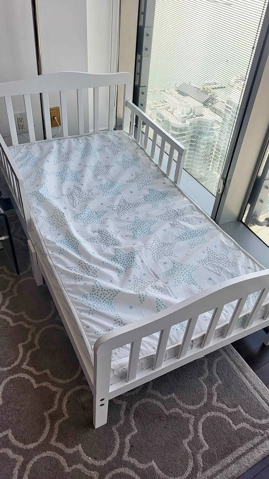 Wooden Toddler Bed with mattress and free sleeping bag