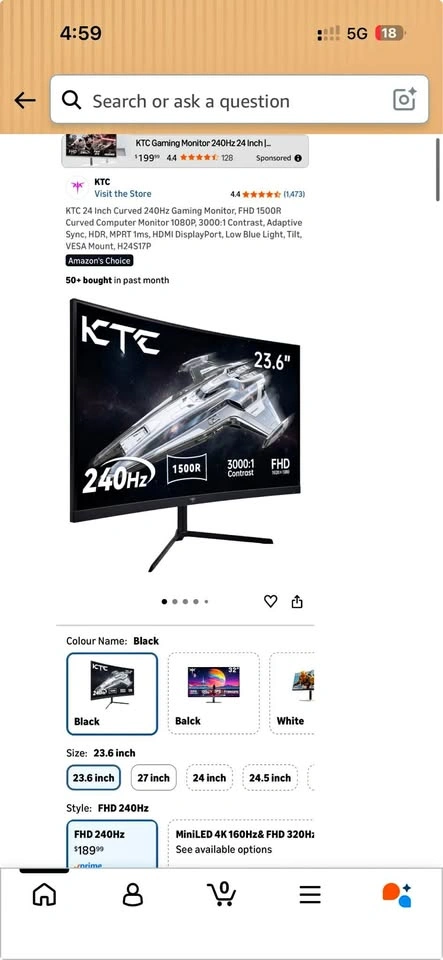 KTC H24T7 23.6 Inch Curved FHD 240Hz Gaming Monitor