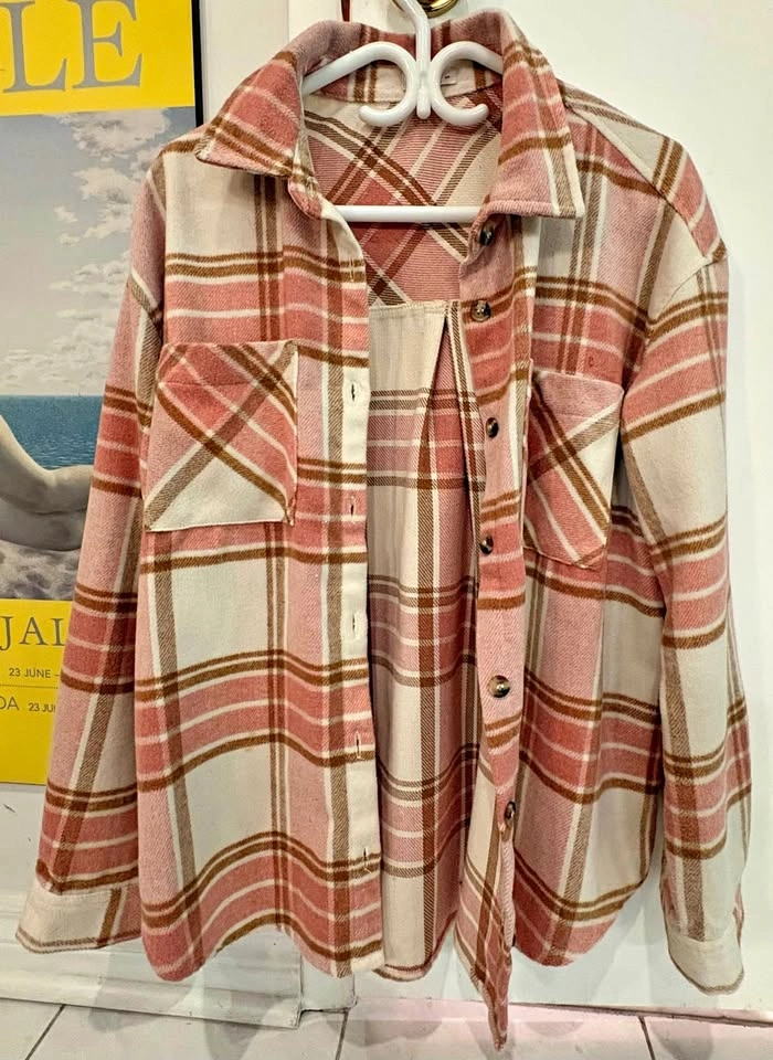 Ardene Pink White Brown Plaid Flannel Shacket S/P