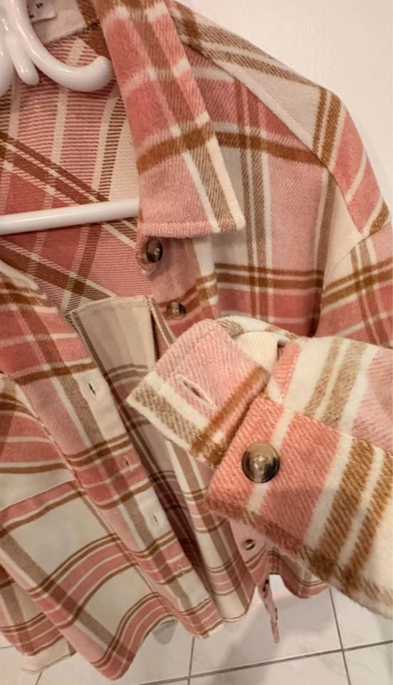 Ardene Pink White Brown Plaid Flannel Shacket S/P - photo 3