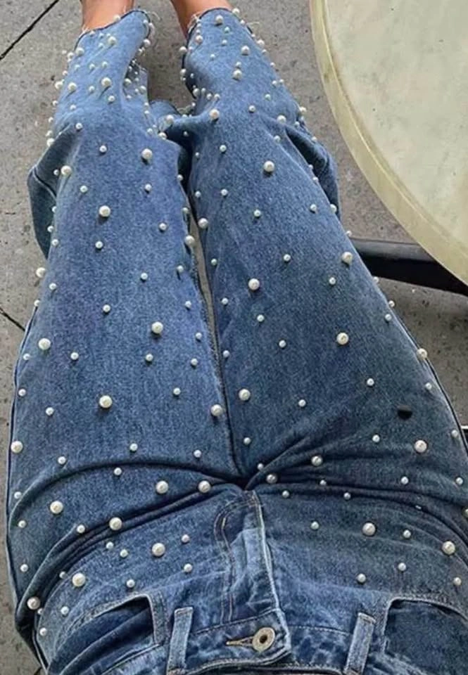 Women's Blue Denim Jeans with Pearl Embellishments
