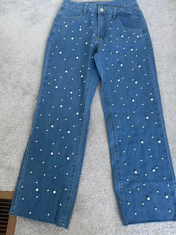 Women's Blue Denim Jeans with Pearl Embellishments - photo 2