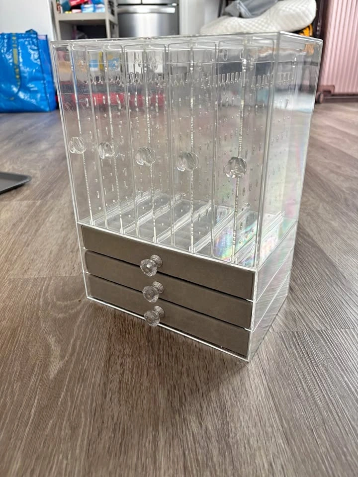 Large Acrylic Jewelry Organizer with Earring Display & Velvet Dr