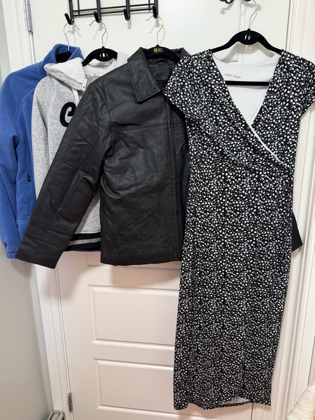 Women’s Clothing Bundle Size S/P – Dress, Leather Jacket & Cozy