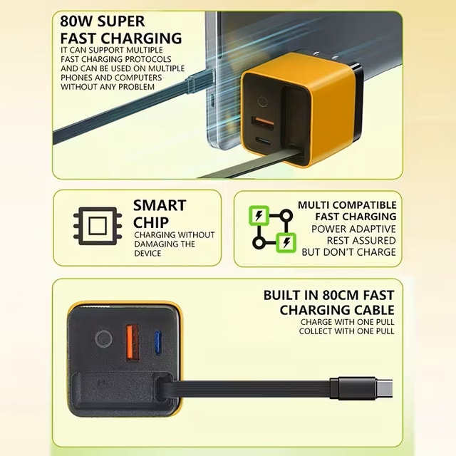 80W Super Fast Wall Charger with Retractable USB-C Cable - photo 5
