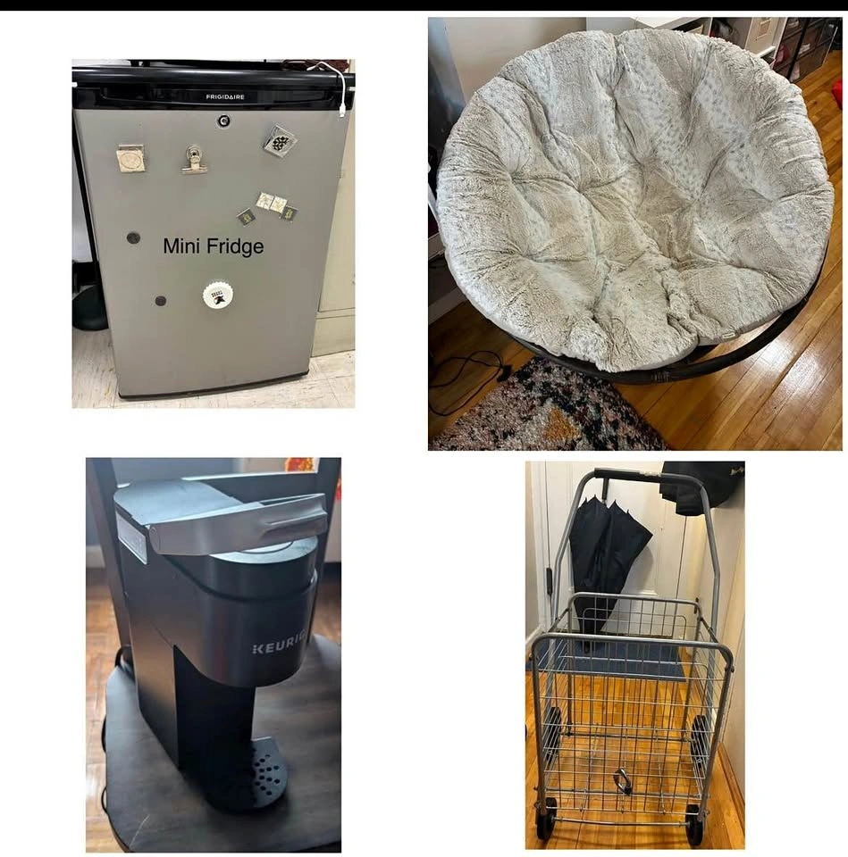 Frigidaire Mini Fridge, Papasan Chair, Keurig Coffee Maker, Shop
