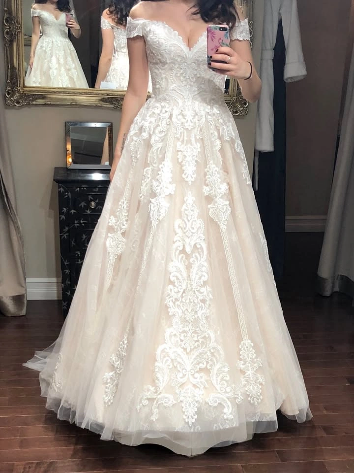 Allure Bridal Gown 9619 Champagne/Ivory, off-shoulder Size 2