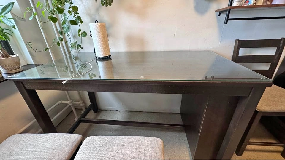 Dark Wood Counter-Height Dining Table with Glass Top and 4 Chair