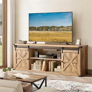 Farmhouse TV Stand w/ Sliding Barn Doors, Light Brown, ULTV324K4