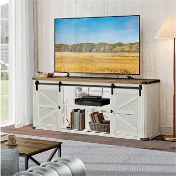 Farmhouse TV Stand w/ Sliding Barn Doors - Rustic White/Brown