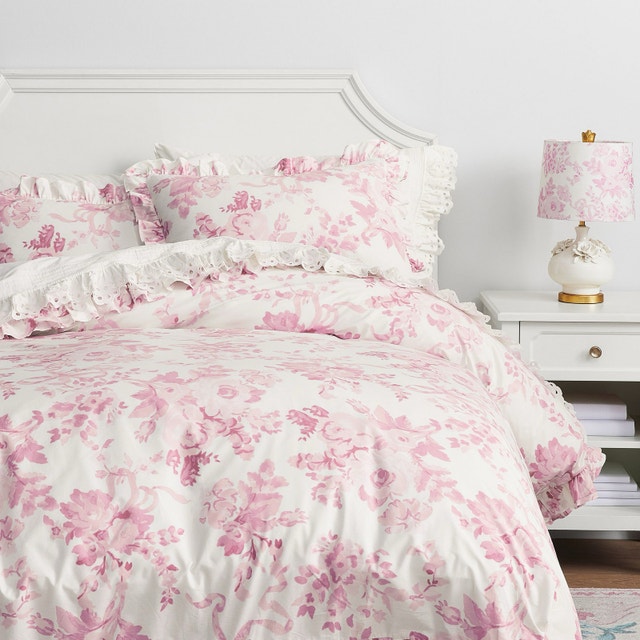 LoveShackFancy Damask Ruffle Duvet Cover - Queen - Pink/Ivory - photo 4