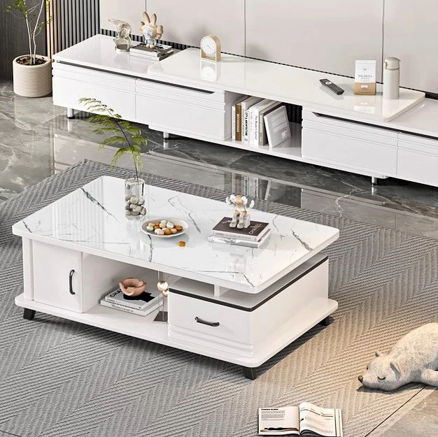 Marble Texture Glass Top Coffee Table - Nordic Style