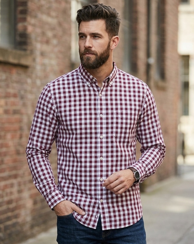 Old Navy Button-Down Long Sleeve Shirt - Burgundy/White Checkere