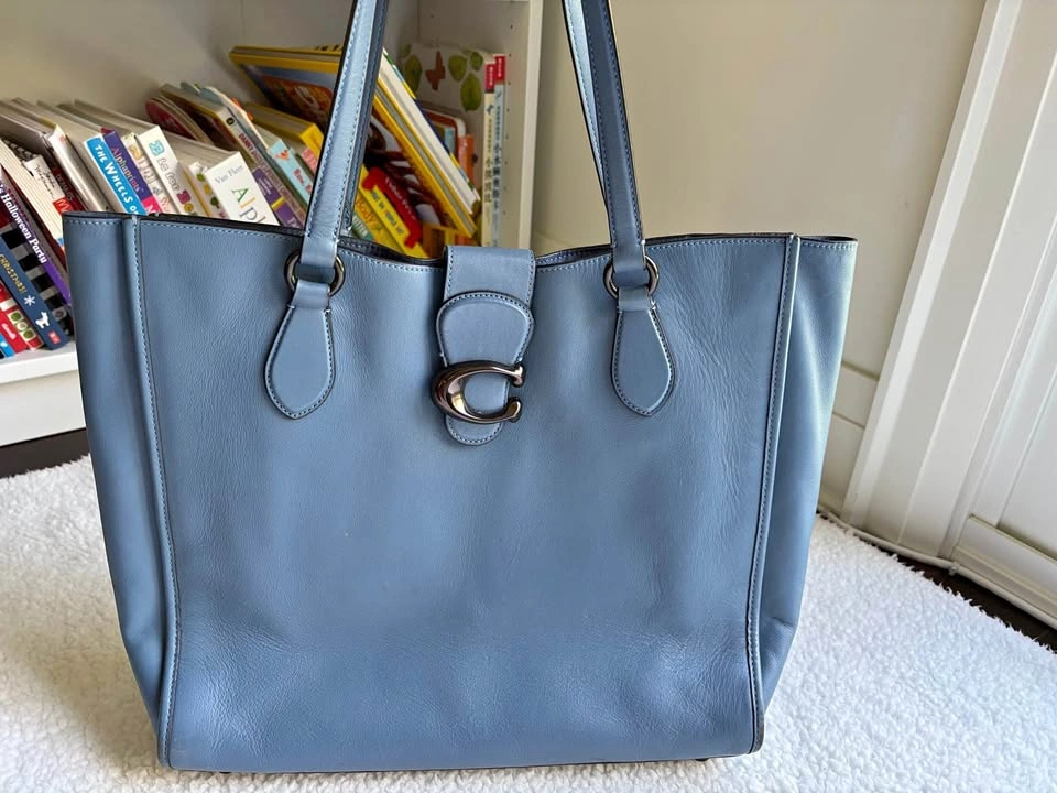 Coach Pewter Dusty Blue Leather Theo Tote with Signature C Hardw