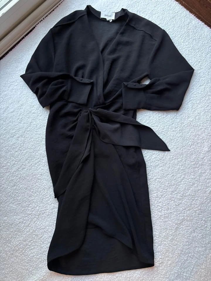 ba&sh Designer Black Draped Long Sleeve Mini Dress M - photo 3