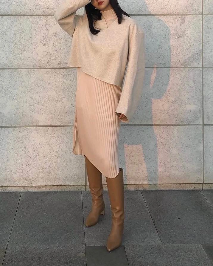 Oak and Fort Pleated High Neck Midi Dress Beige S - photo 2