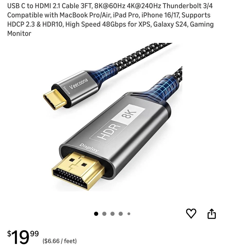 (New) USB C to HDMI 2.1 Cable 3FT