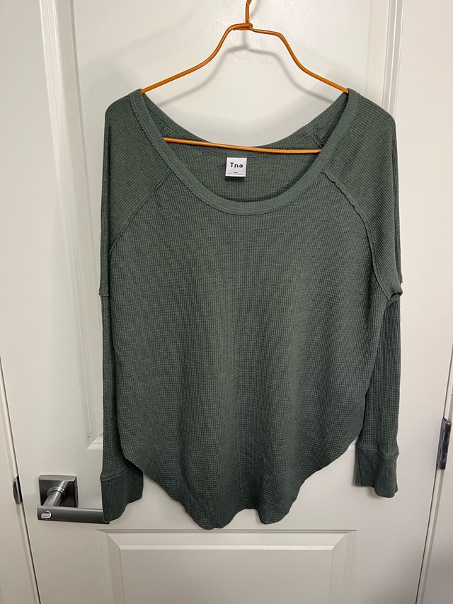 TNA Women's Moss Green Waffle-Knit Long Sleeve Top XXS