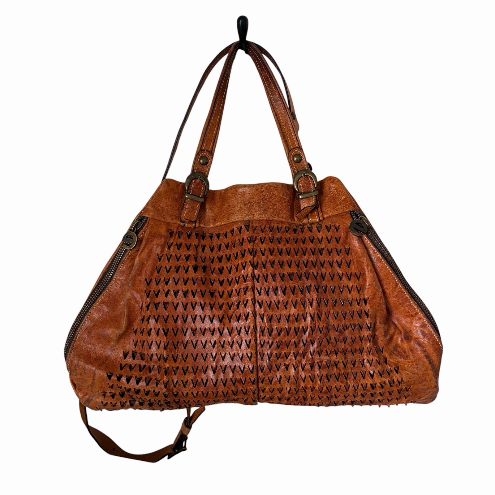 Elenco Portugal Leather Top Zip Tote Crossbody Bag - Cognac