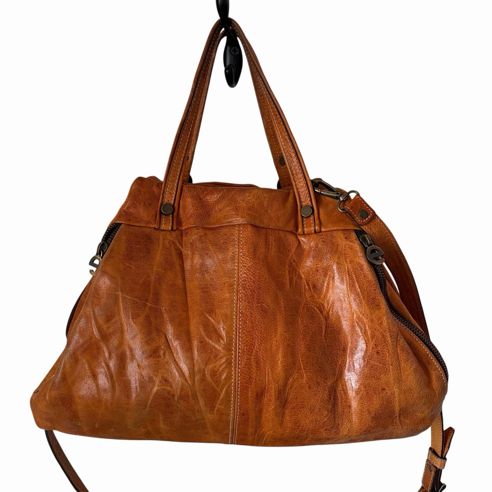 Elenco Portugal Leather Top Zip Tote Crossbody Bag - Cognac - photo 2