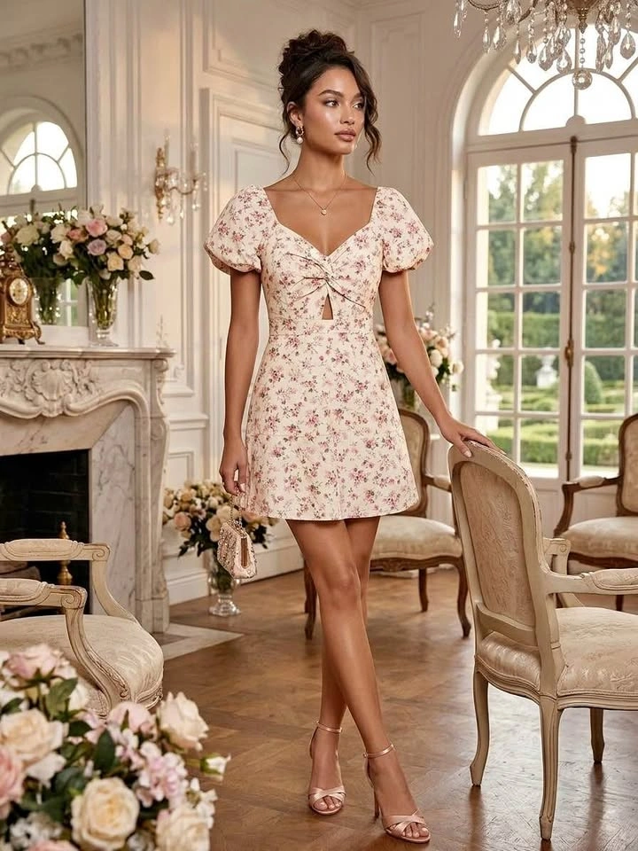 Floral Puff Sleeve Mini Dress with Cutout - Size Large