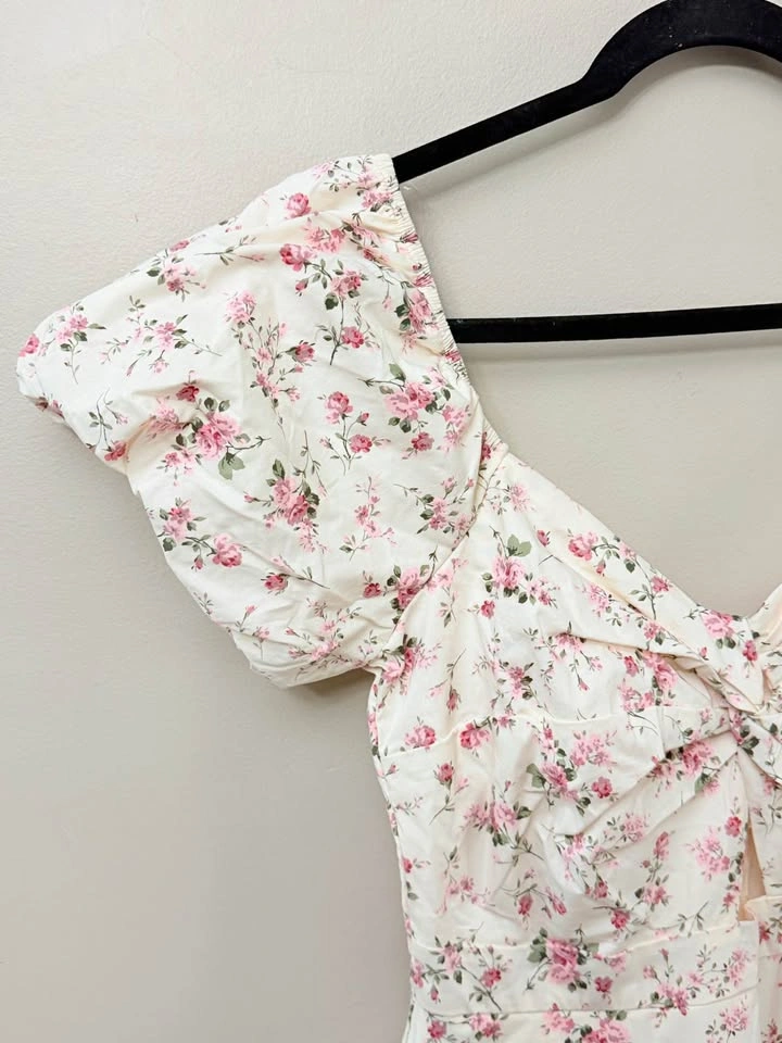 Floral Puff Sleeve Mini Dress with Cutout - Size Large - photo 4