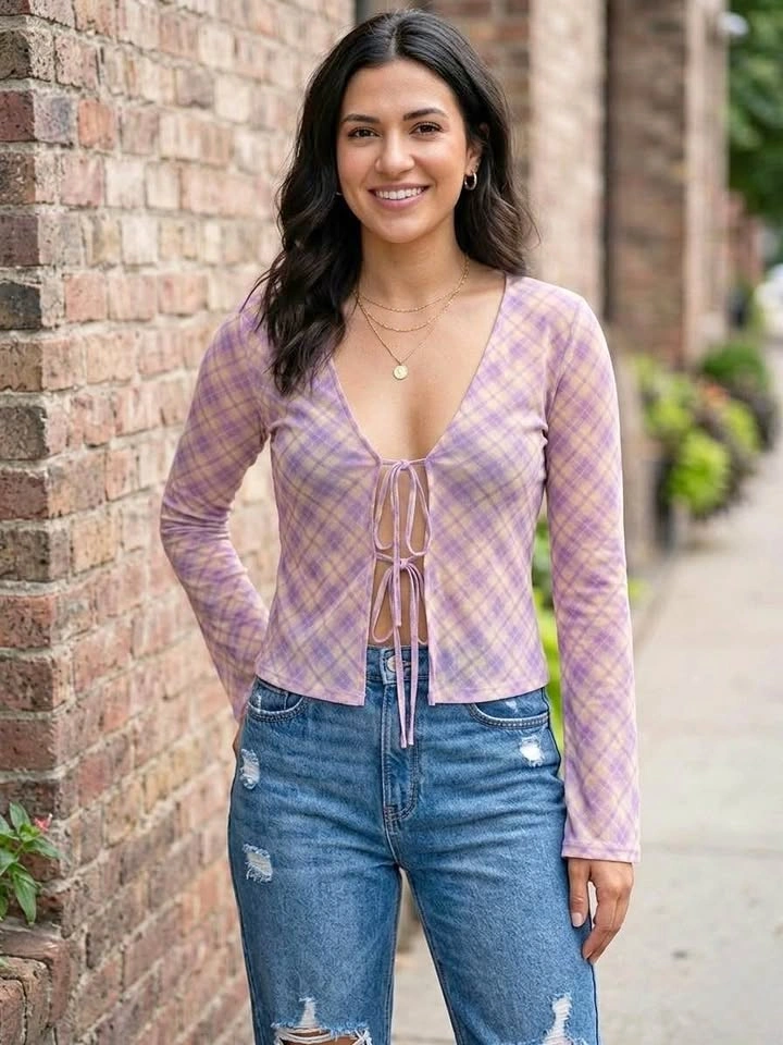 ZARA Purple Plaid Mesh Tie Front Bell Sleeve Top - Small