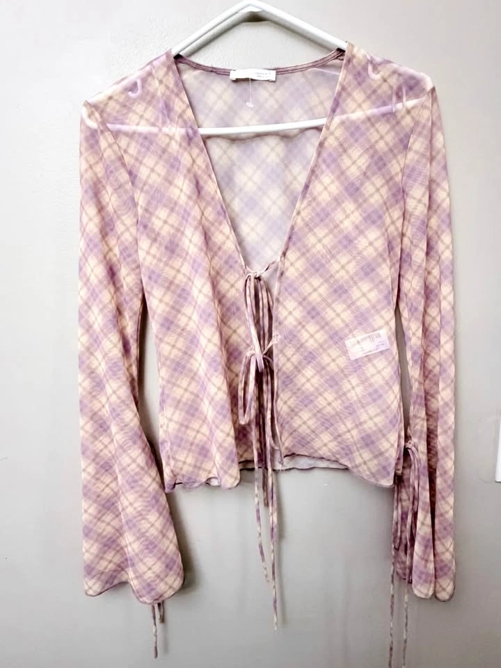 ZARA Purple Plaid Mesh Tie Front Bell Sleeve Top - Small - photo 2