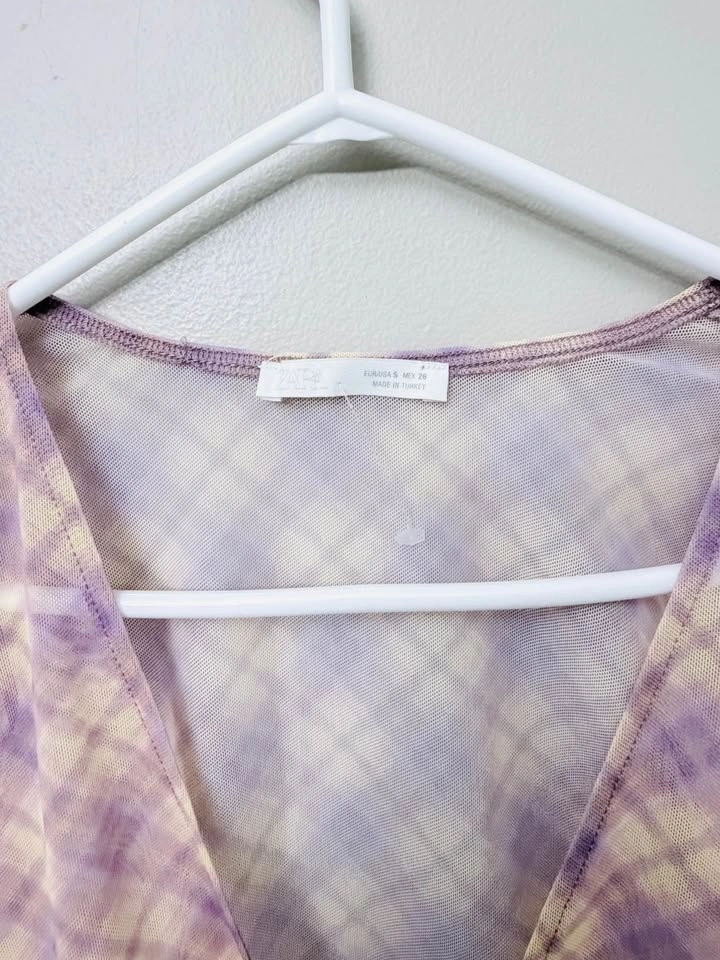 ZARA Purple Plaid Mesh Tie Front Bell Sleeve Top - Small - photo 3